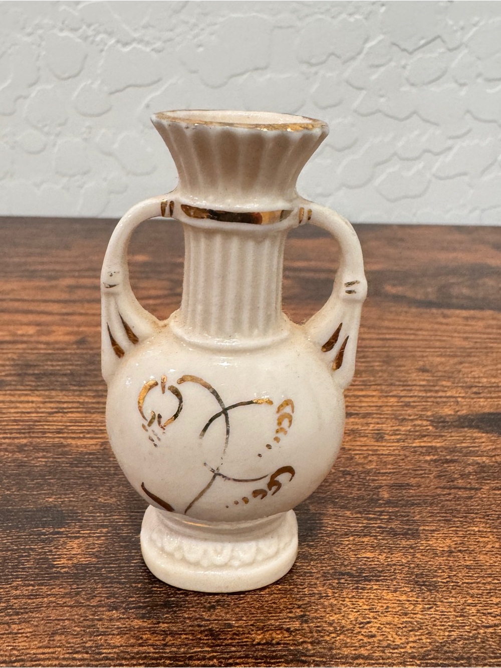 Vintage Elbee Pottery Ceramic Double Handled Accent Mini Vase with Gold Detail